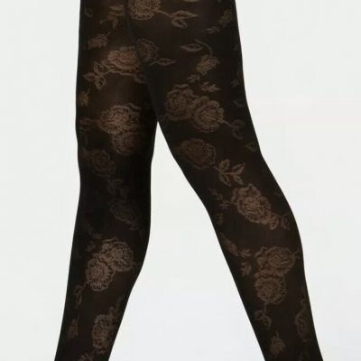 FREE SHIP! INC Jacquard Floral Tights XS/S Black 100-130 Lbs (EE19)